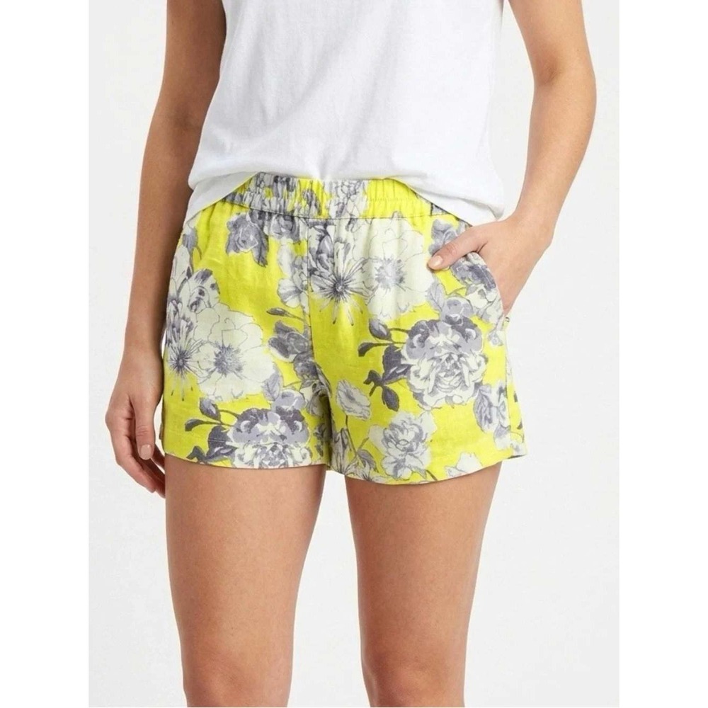 KUT from the Kloth Women's Linen Shorts Size 12 Yellow Floral Pull On Pockets